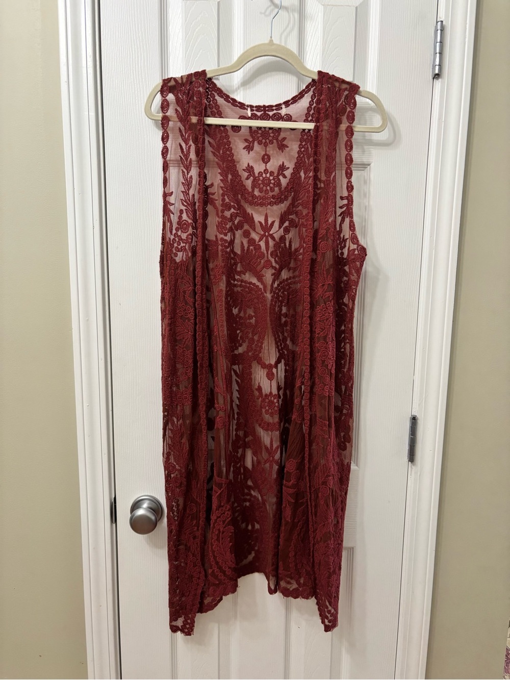 Rue 21 Burgundy Lace Duster Vest Sheer Open Front Boho Festival Size Large L - Picture 2 of 7